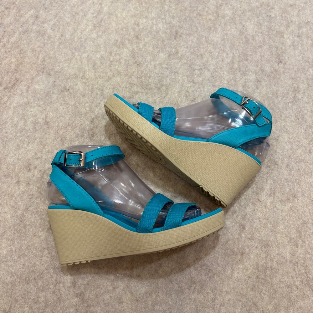 CROCS Leigh II Double Strap Wedge Comfort Sandal Teal Turquoise Womens size 8 - Picture 3 of 14